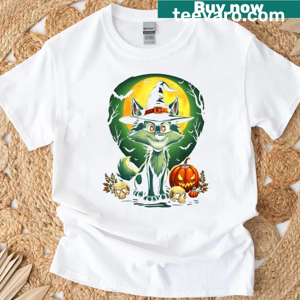Halloween T-shirt featuring a wolf dressed as a witch
