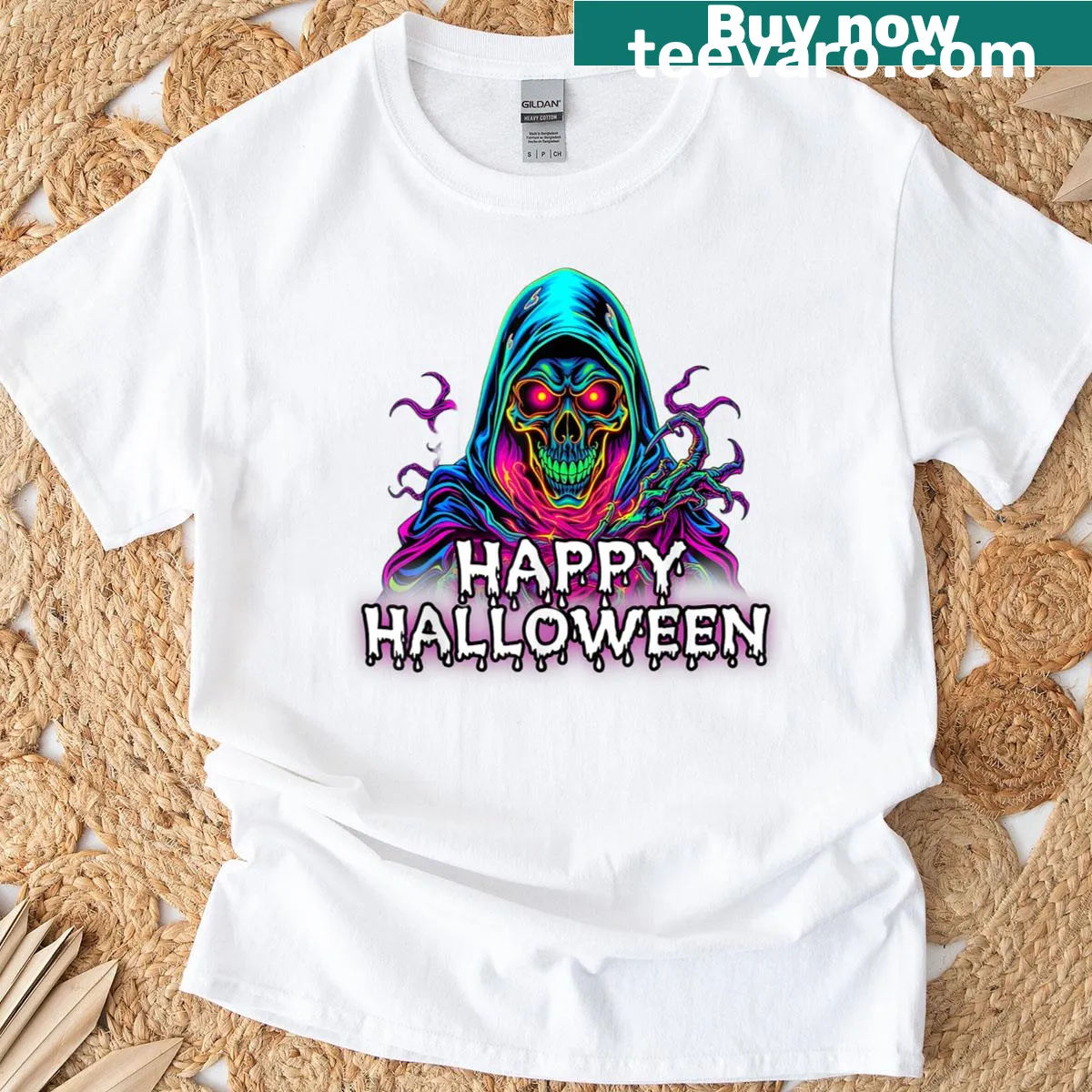 Graphic of a cheerful Grim Reaper on a Halloween T-shirt — on a men's t-shirt