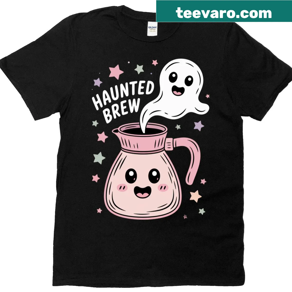 Vintage haunted coffee pot illustration on a T-shirt — on a men's t-shirt