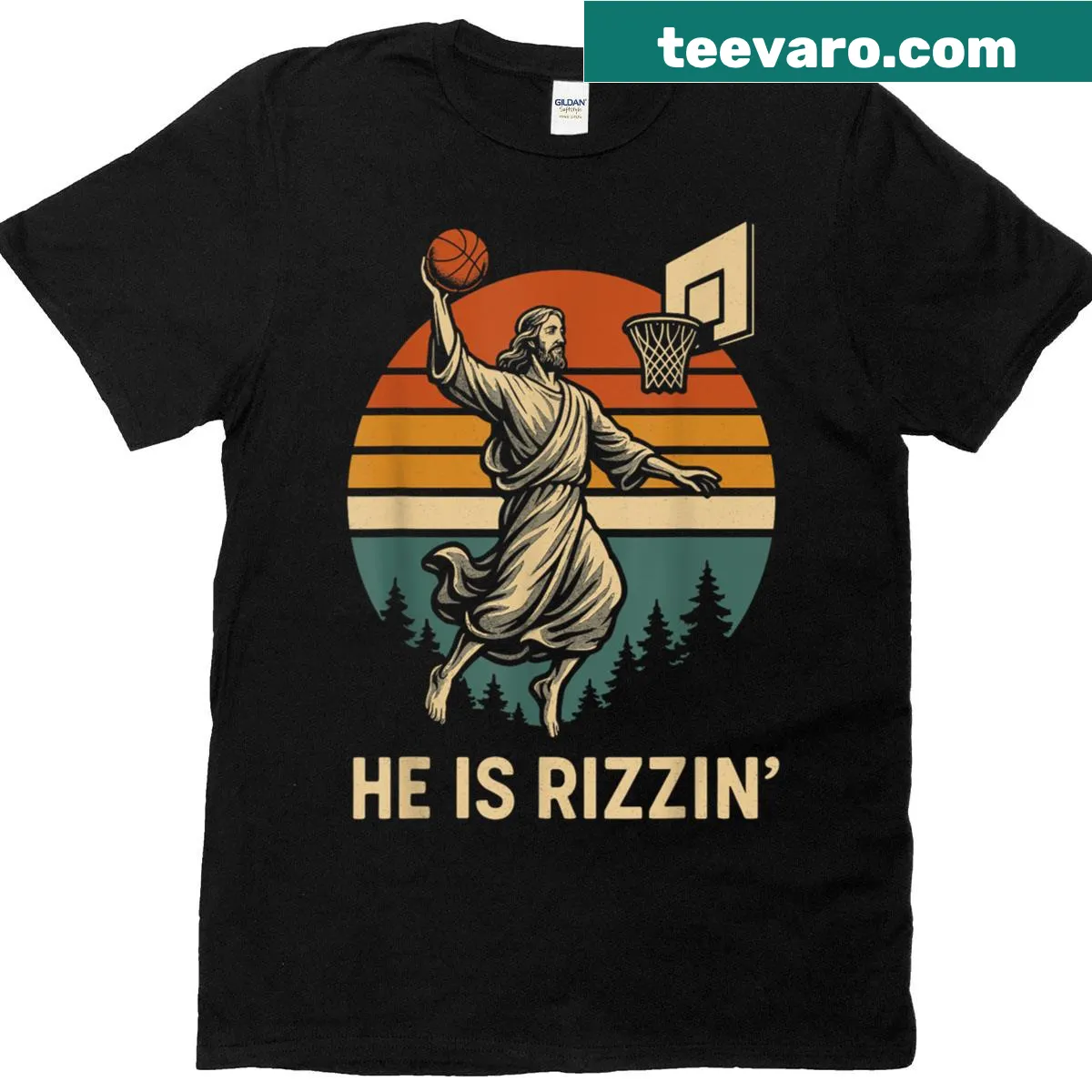 Cartoon Jesus dunking a basketball in a humorous Easter T-shirt — on a men's t-shirt