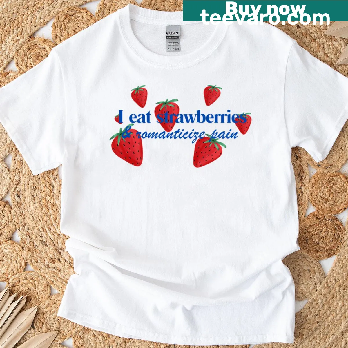 Playful T-shirt with the phrase I Eat Strawberries And Amp Romanticize Pain — on a men's t-shirt