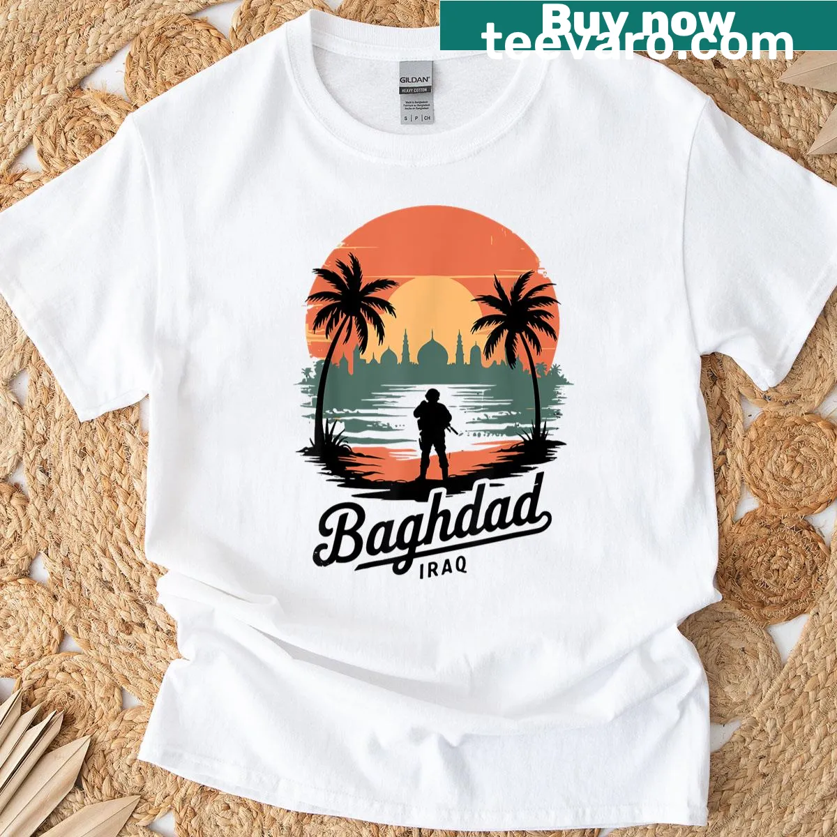 Vintage design depicting Baghdad Beach for veterans — on a men's t-shirt