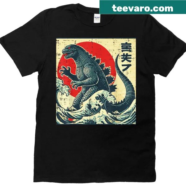 T-shirt featuring Japanese kaiju monster waves in retro Ukiyo art style