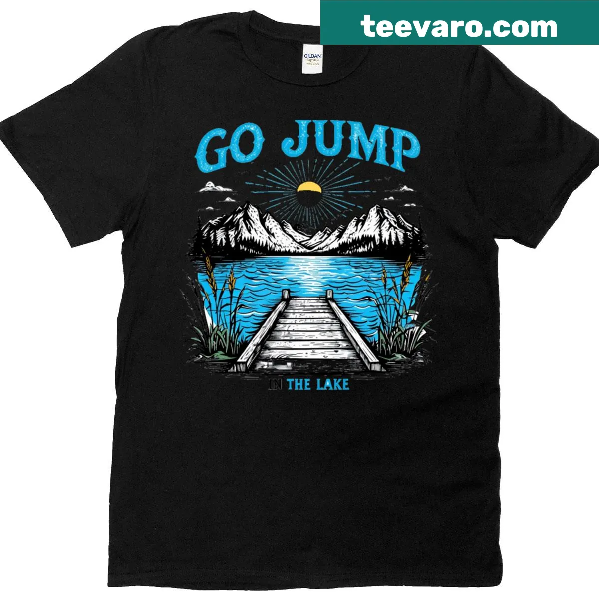 Playful t-shirt with 'Jump In The Lake' text design — on a men's t-shirt