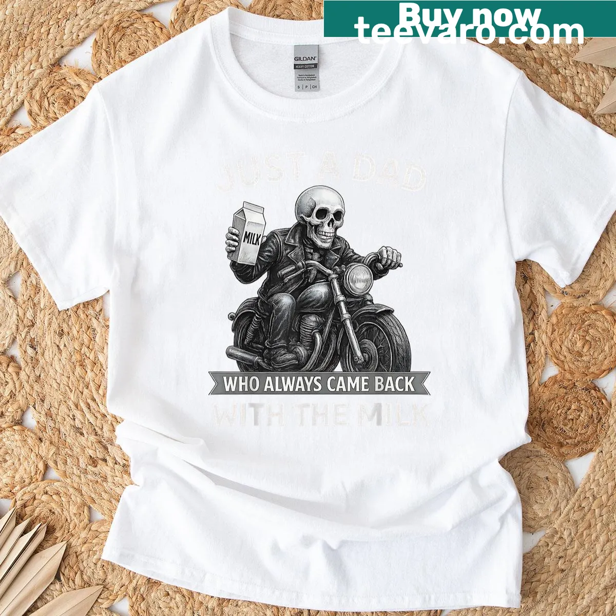 Biker-themed t-shirt with skull and dad humor — on a men's t-shirt