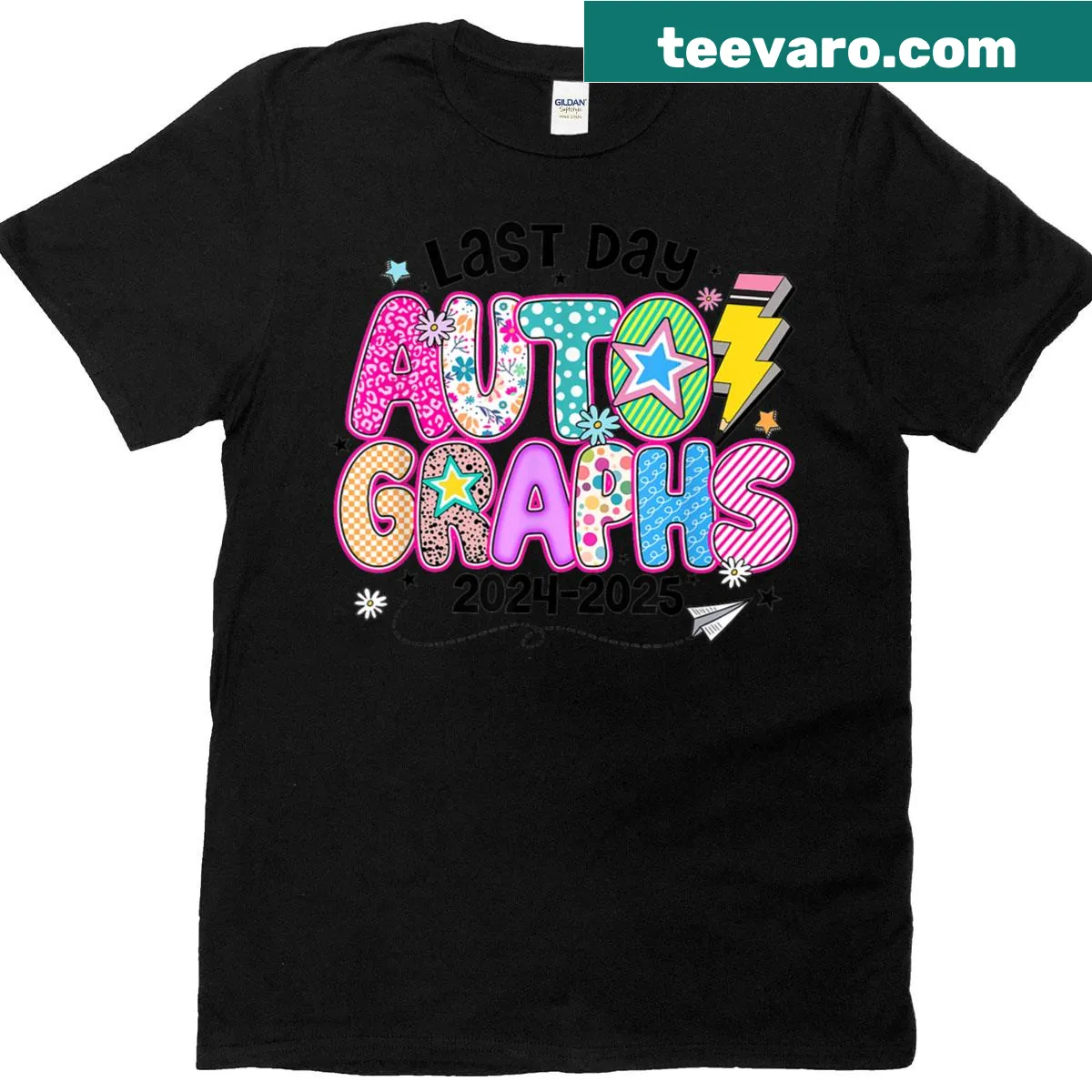 T-shirt for teachers with 'Last Day Autographs' text — on a men's t-shirt