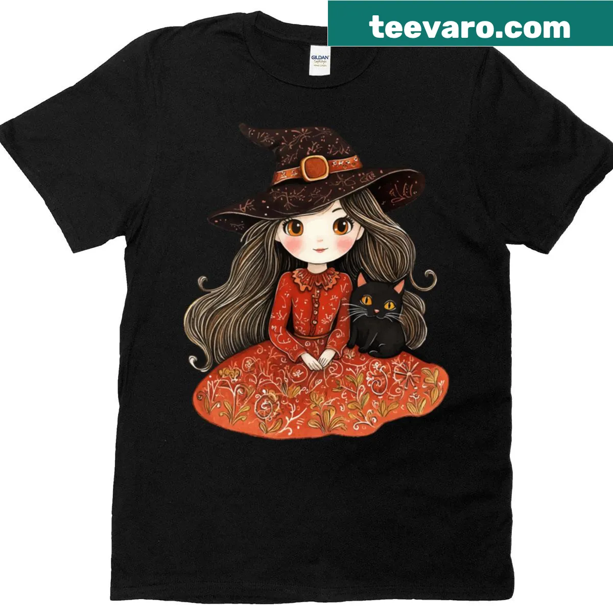 Illustration of a cute little witch on a t-shirt — on a men's t-shirt