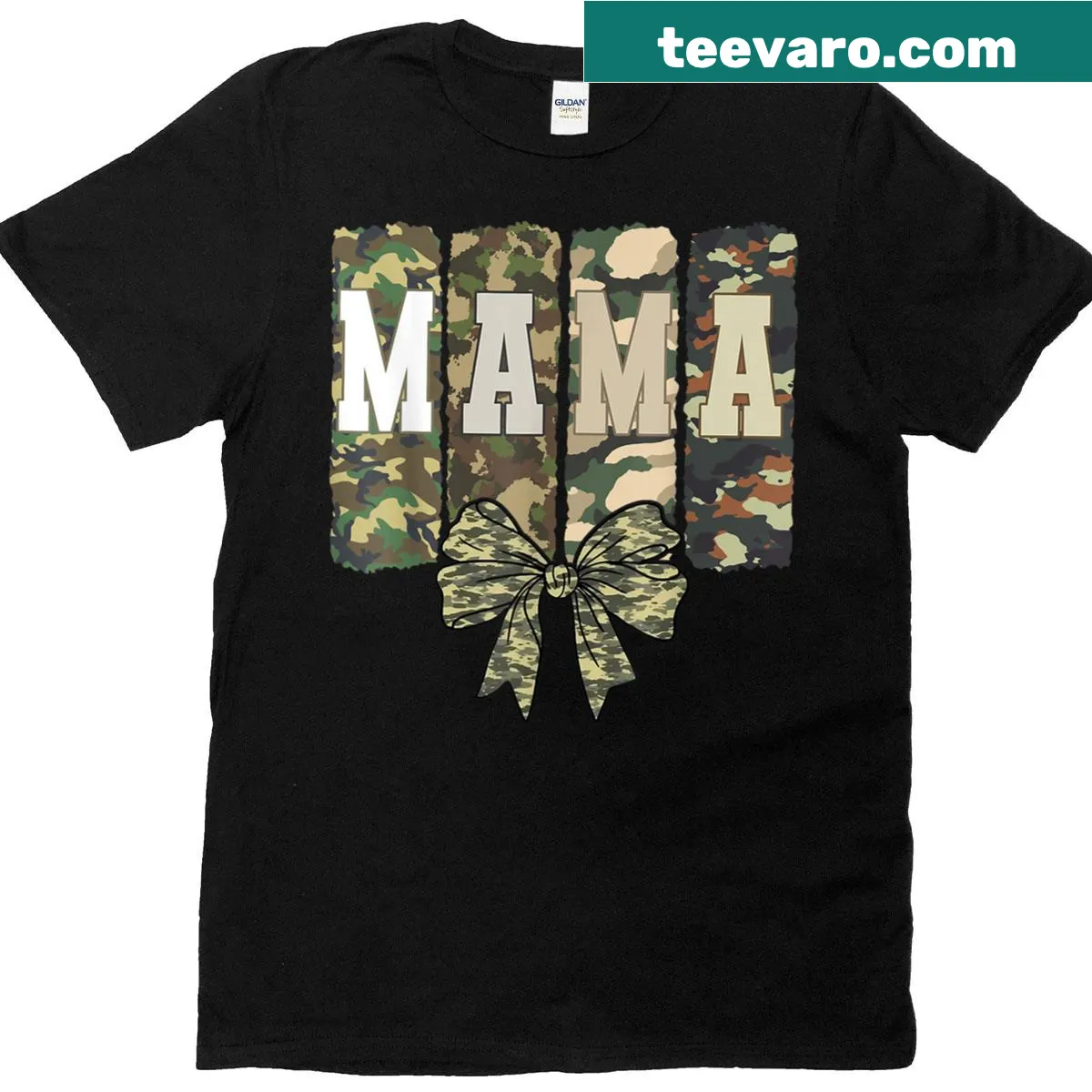 Camo t-shirt for moms with hunting theme and playful text — on a men's t-shirt