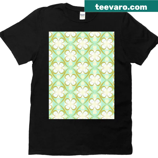 Intricate green, white, and gold mandala graphic on T-shirt