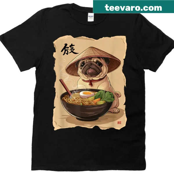Cute pug graphic enjoying ramen on T-shirt