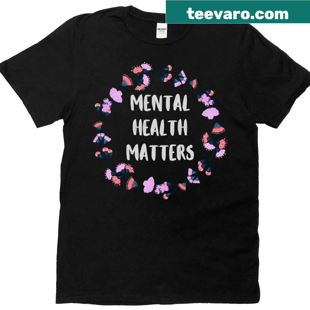 Floral graphic T-shirt with the phrase 'Mental Health Matters' — on a men's t-shirt