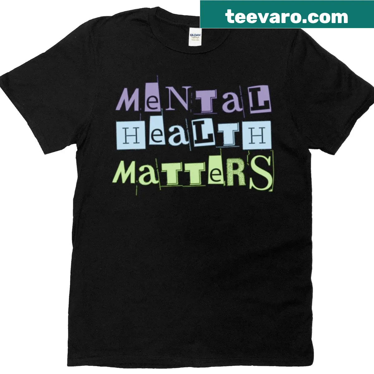 Stencil design T-shirt featuring the phrase Mental Health Matters — on a men's t-shirt