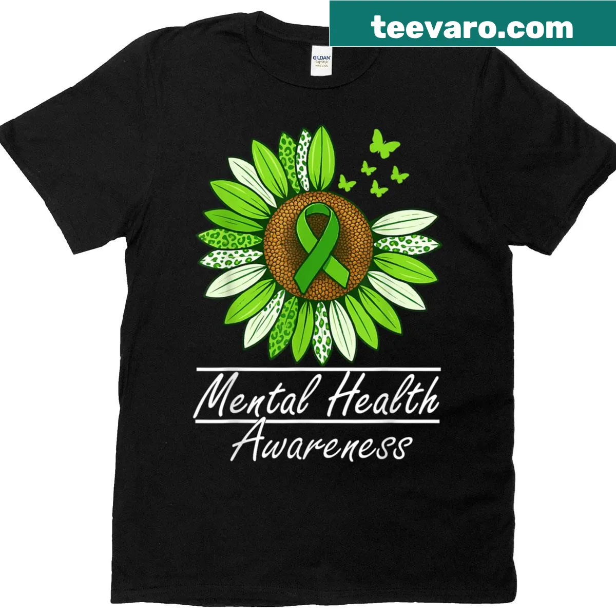 T-shirt with sunflower and green ribbon promoting mental health awareness — on a men's t-shirt