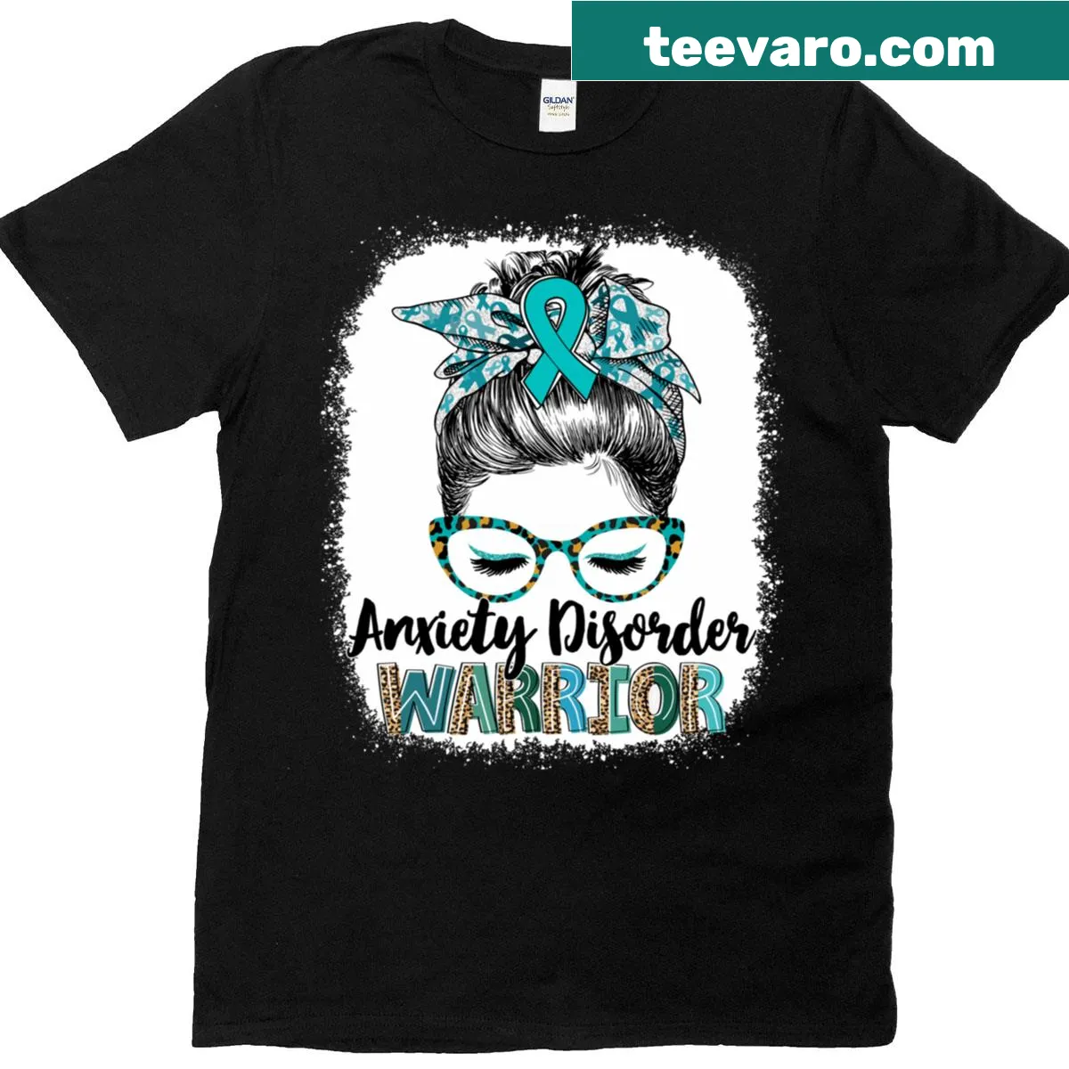 Oversized T-shirt with messy bun and leopard graphic proclaiming Anxiety Disorder Warrior — on a men's t-shirt