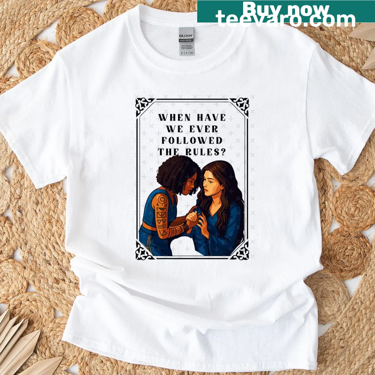 Illustration of Moiraine and Siuan's love story on t-shirt — on a men's t-shirt