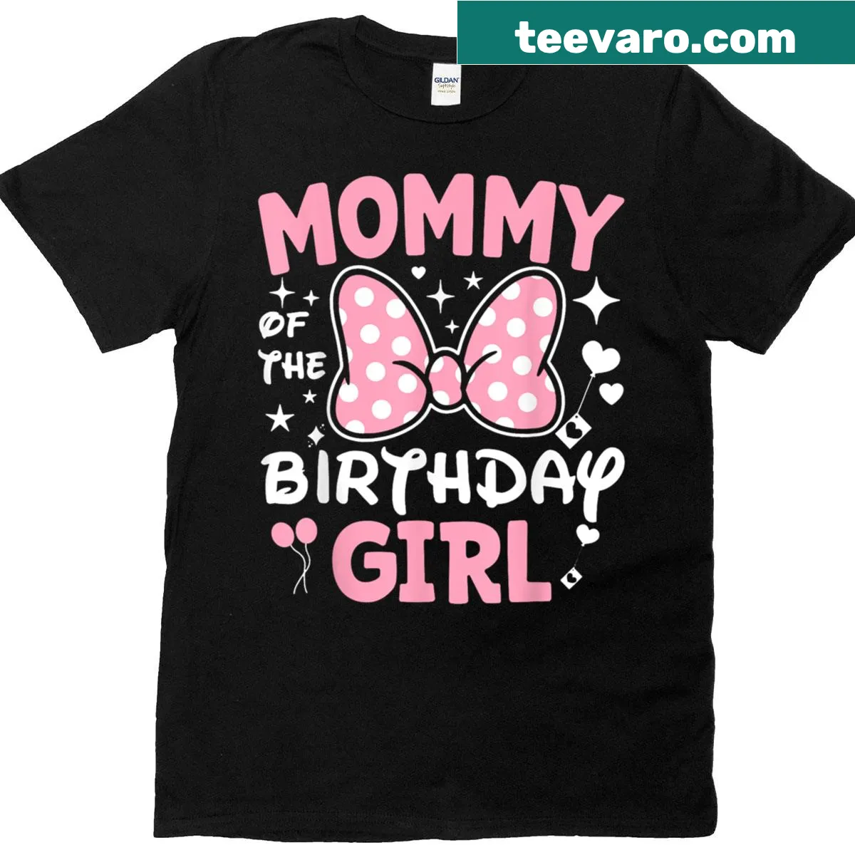 Pink birthday party t-shirt for moms with groovy 'Mommy Of The Birthday Girl' text. — on a men's t-shirt