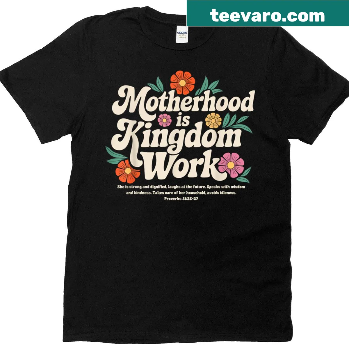 Vintage-style T-shirt with floral design and 'Motherhood Is Kingdom Work' text — on a men's t-shirt