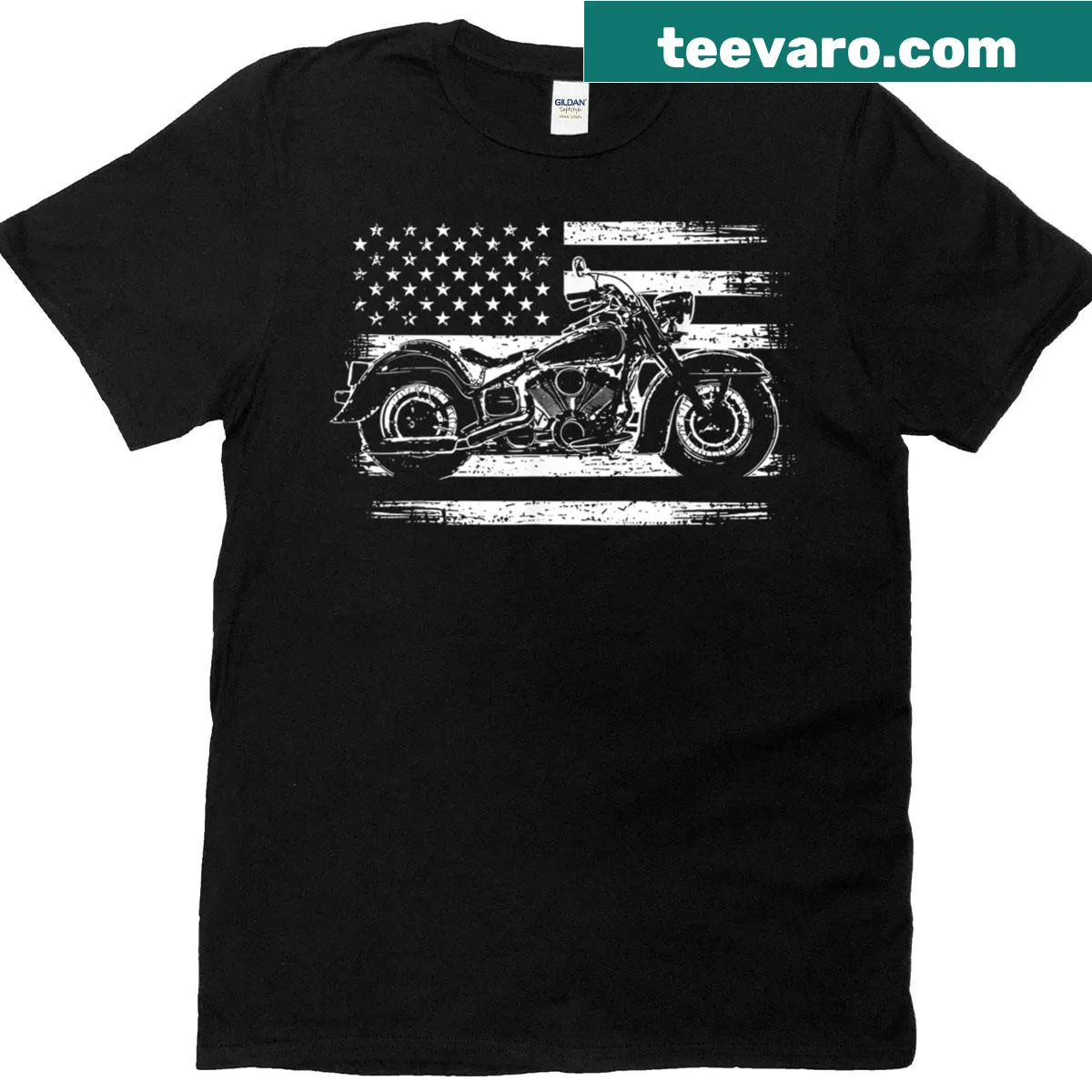 Retro motorcycle and USA flag design on a T-shirt — on a men's t-shirt