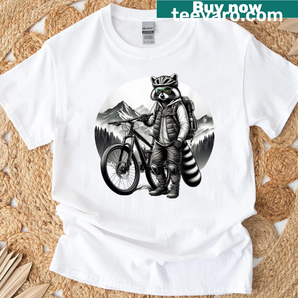 Illustration of raccoon biking on a t-shirt — on a men's t-shirt