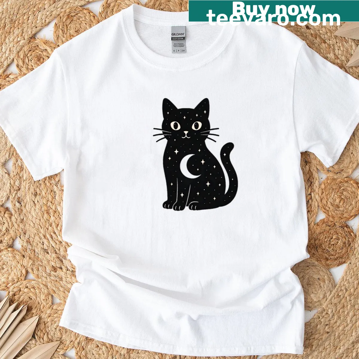Oversized T-shirt with a mystical black cat, stars, and crescent moon design — on a men's t-shirt