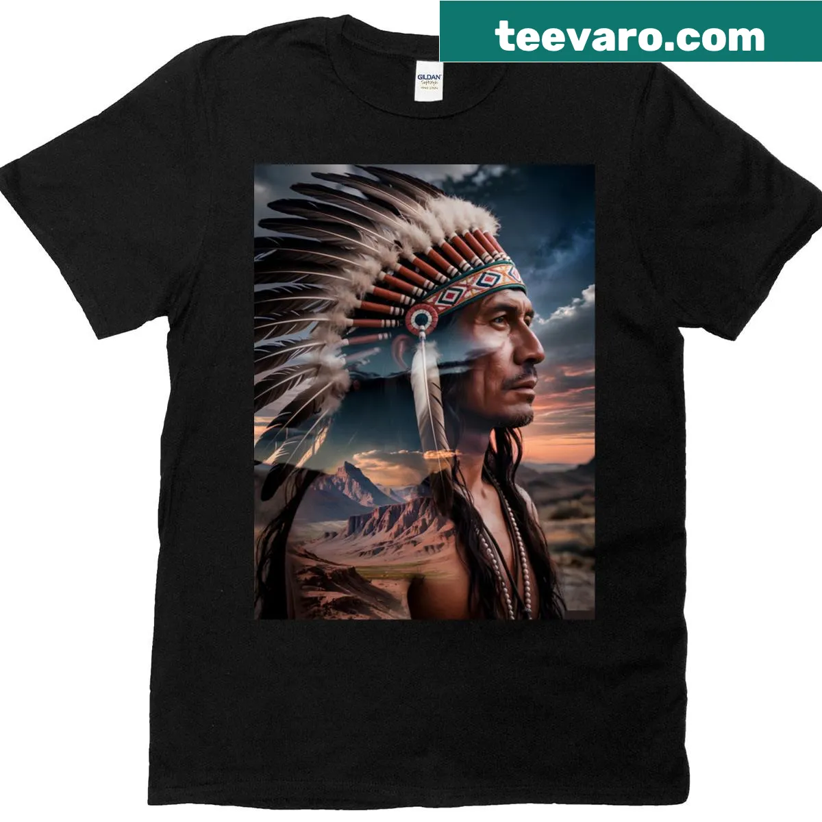 Double exposure Native American chief and desert landscapes graphic t-shirt — on a men's t-shirt