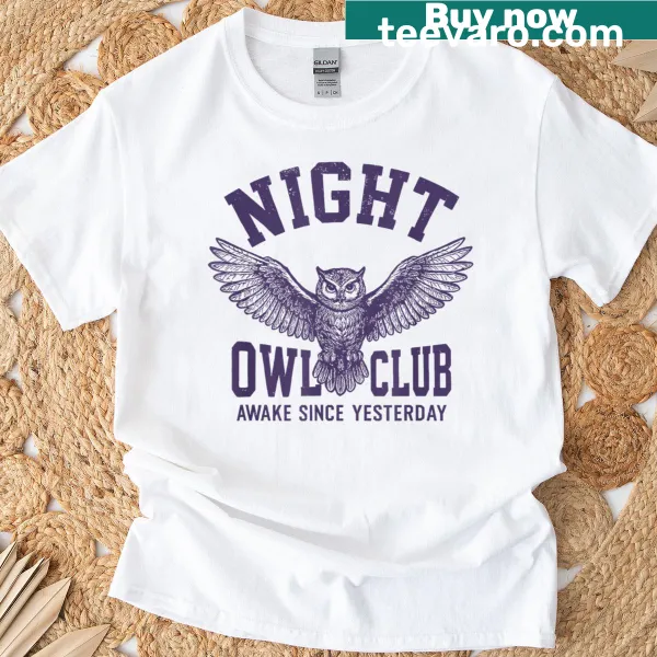Night Owl Club t-shirt with humorous text about insomnia