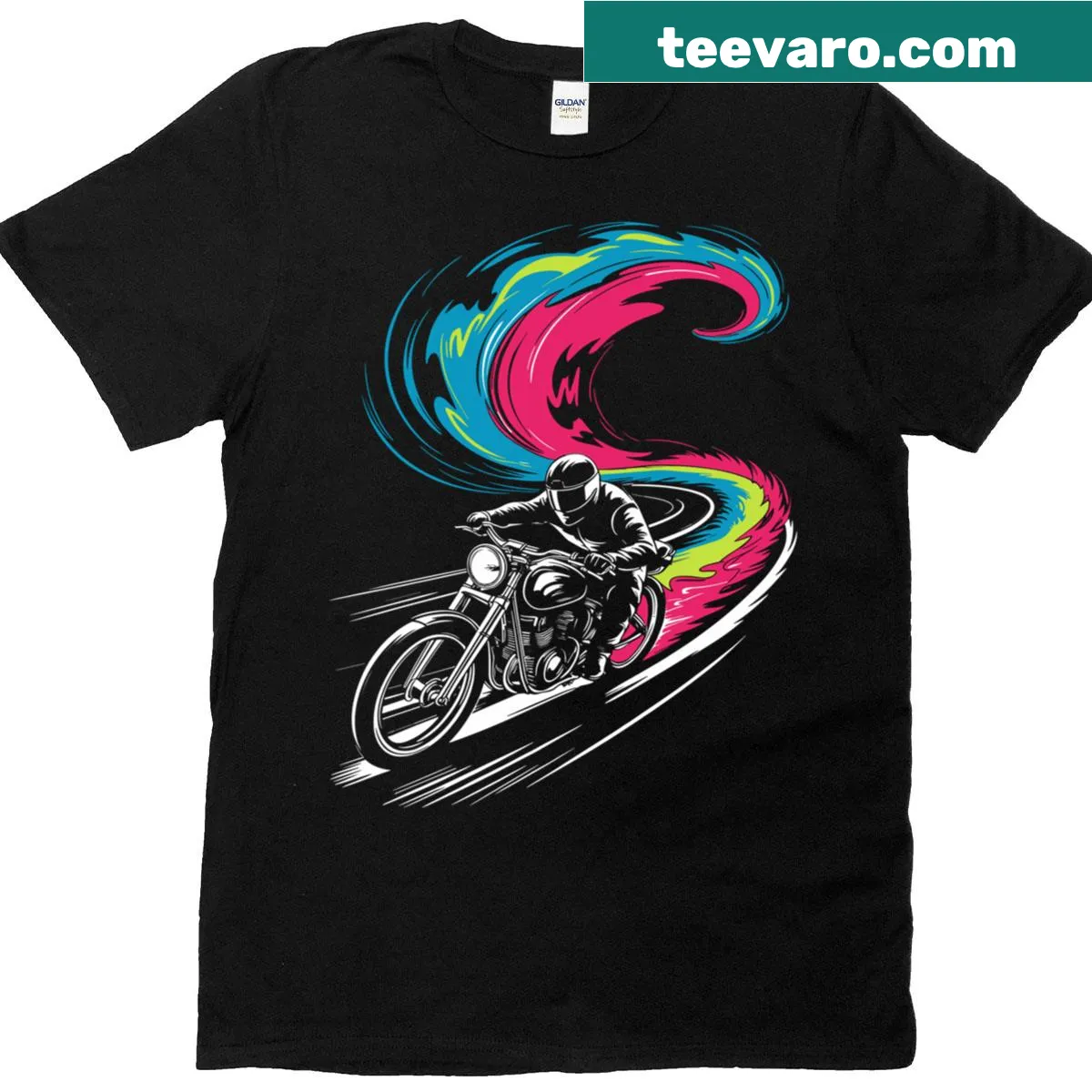 Artistic biker T-shirt featuring motorcycle illustrations and bold typography — on a men's t-shirt