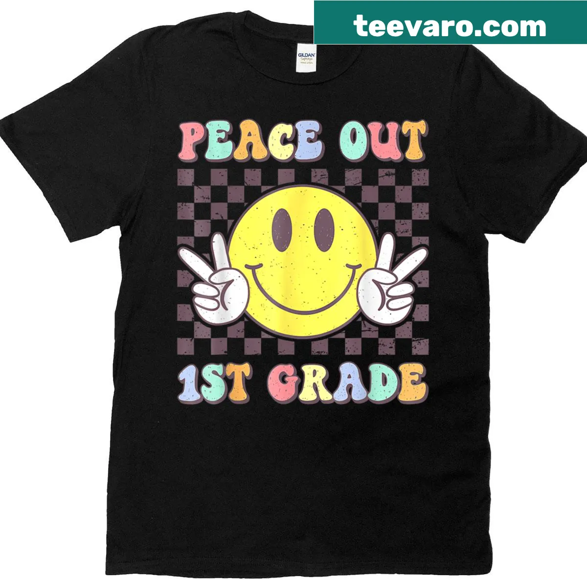 Cute T-shirt with 'Peace Out First Grade' graphic for kids — on a men's t-shirt