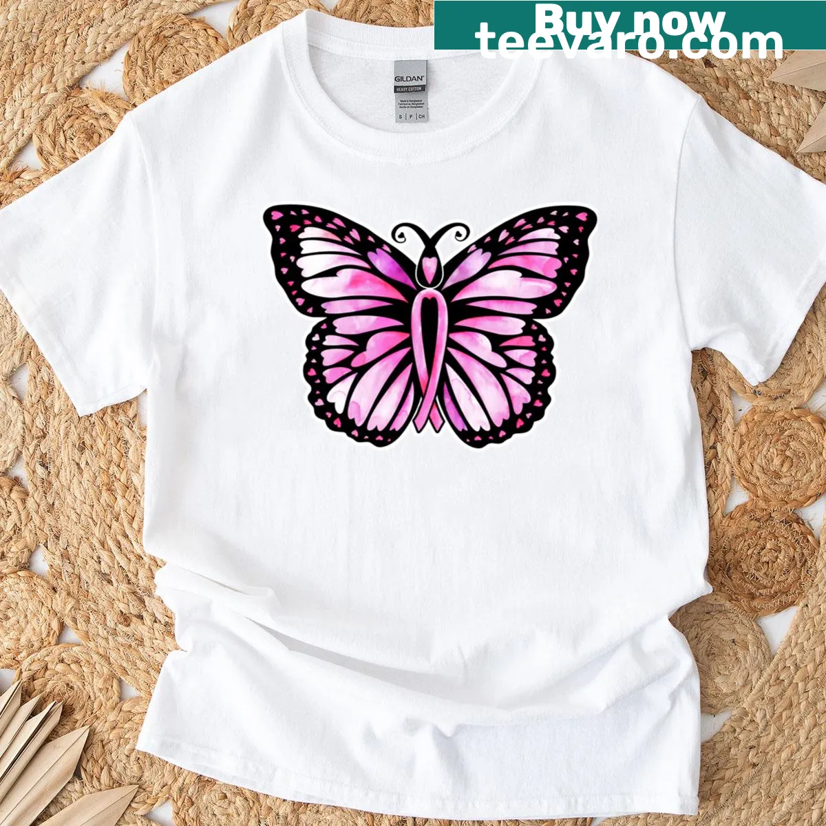 T-shirt with pink butterfly and hearts design for breast cancer awareness. — on a men's t-shirt