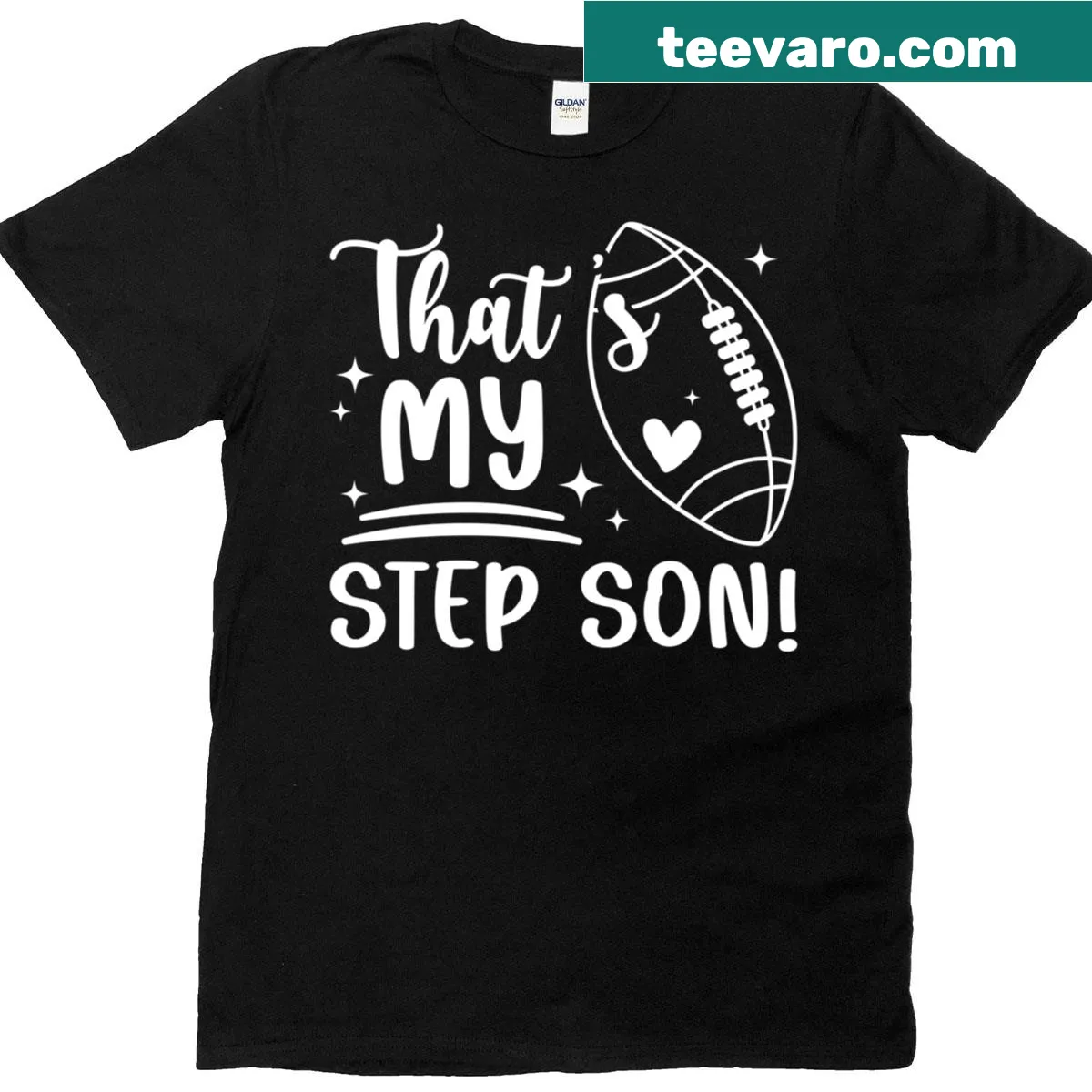 Bold typography Proud Football Step-mom t-shirt for supportive stepmothers — on a men's t-shirt