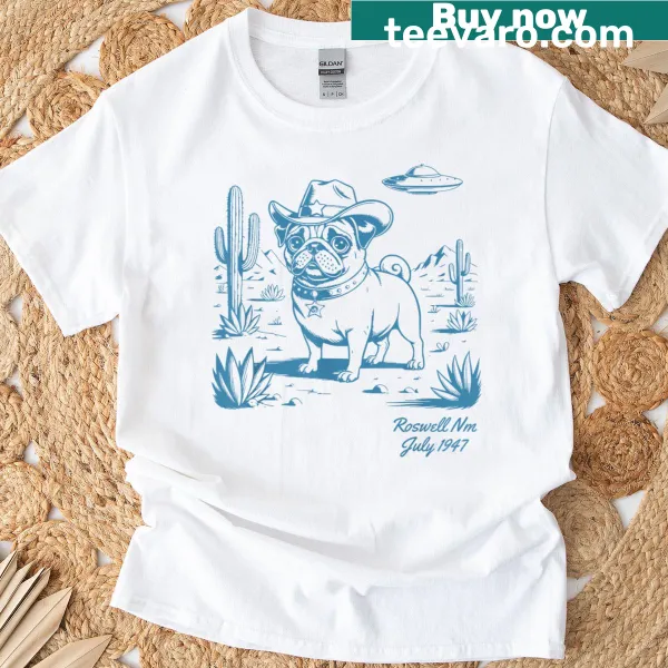 Vintage-style T-shirt featuring a pug dressed as a cowboy