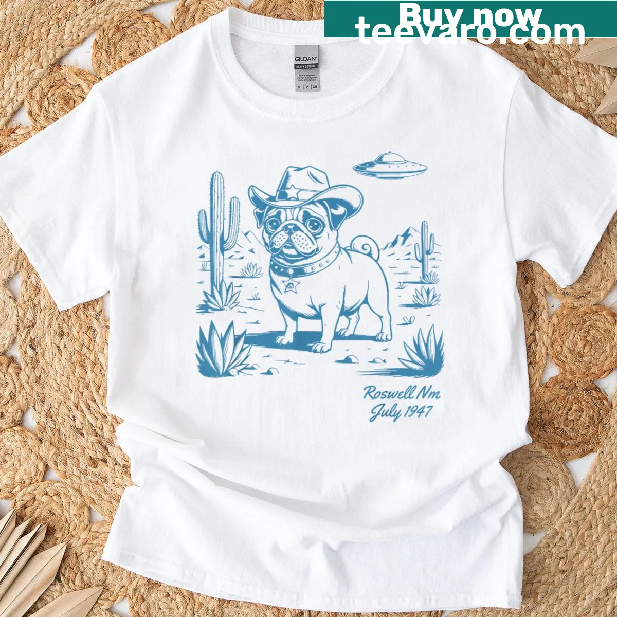 Vintage-style T-shirt featuring a pug dressed as a cowboy — on a men's t-shirt