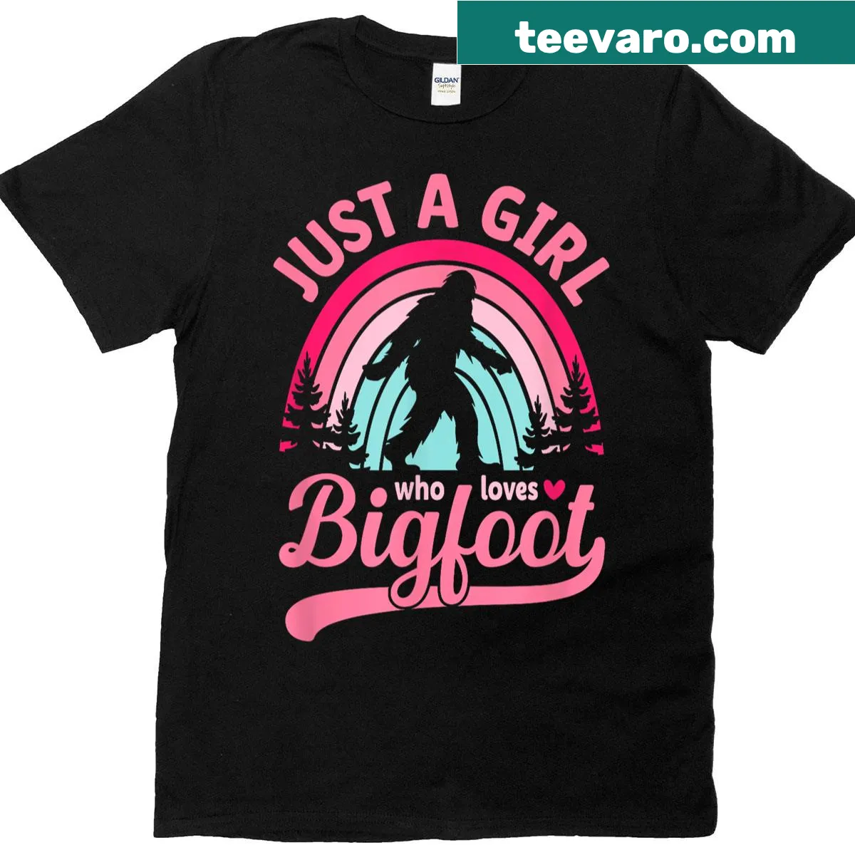 Whimsical illustration of Bigfoot with a rainbow background — on a men's t-shirt