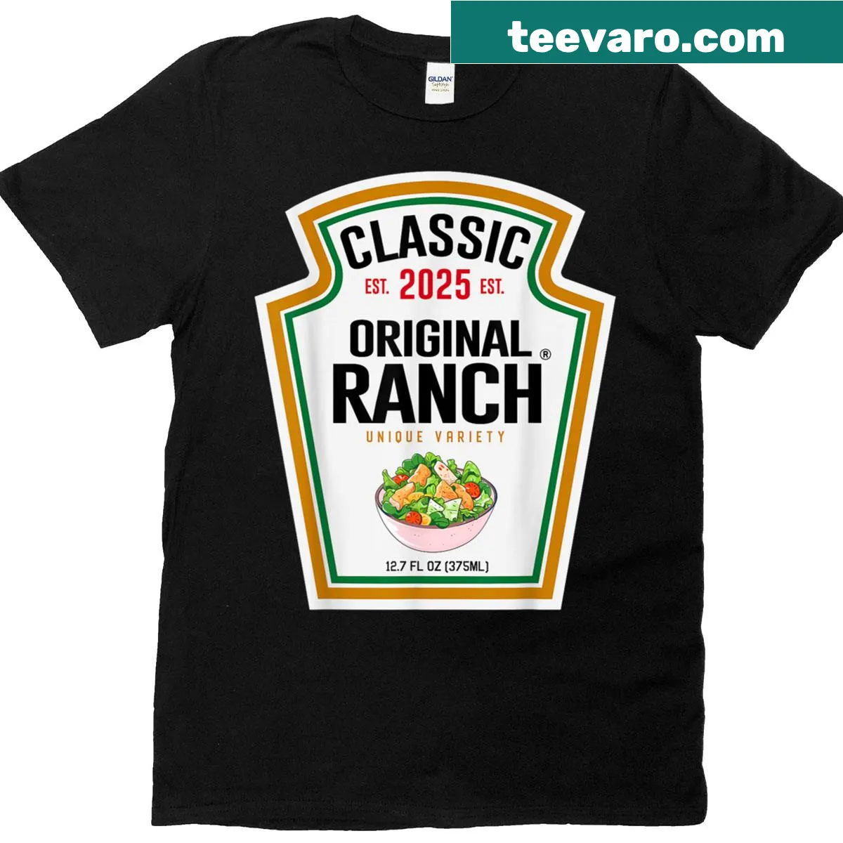 Graphic design mimicking a ranch dressing bottle for Halloween — on a men's t-shirt