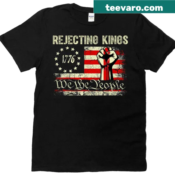 Patriotic T-shirt with hand grip design and text about rejecting kings