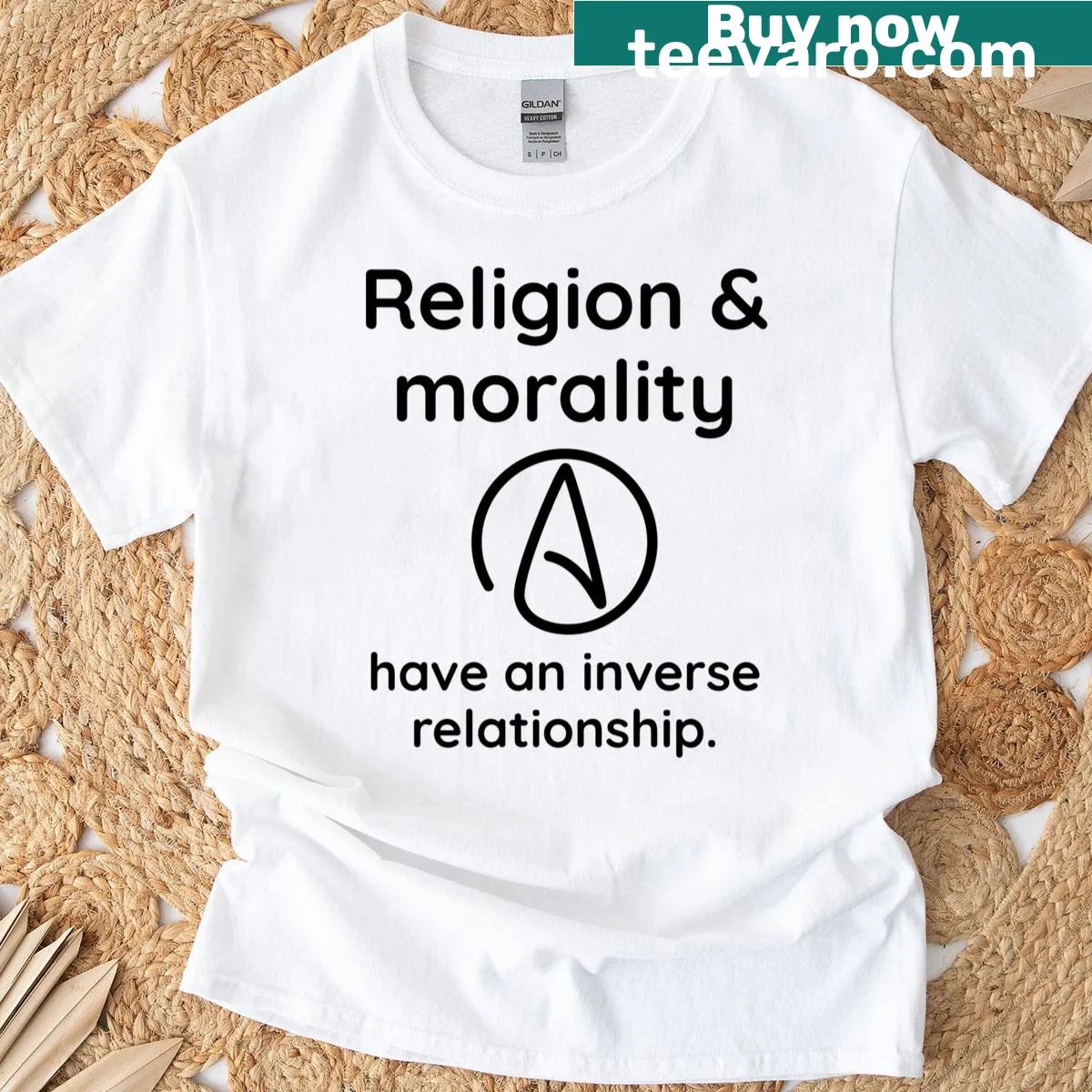 T-shirt with bold typography reading 'Religion and Morality Have an Inverse Relationship.' — on a men's t-shirt