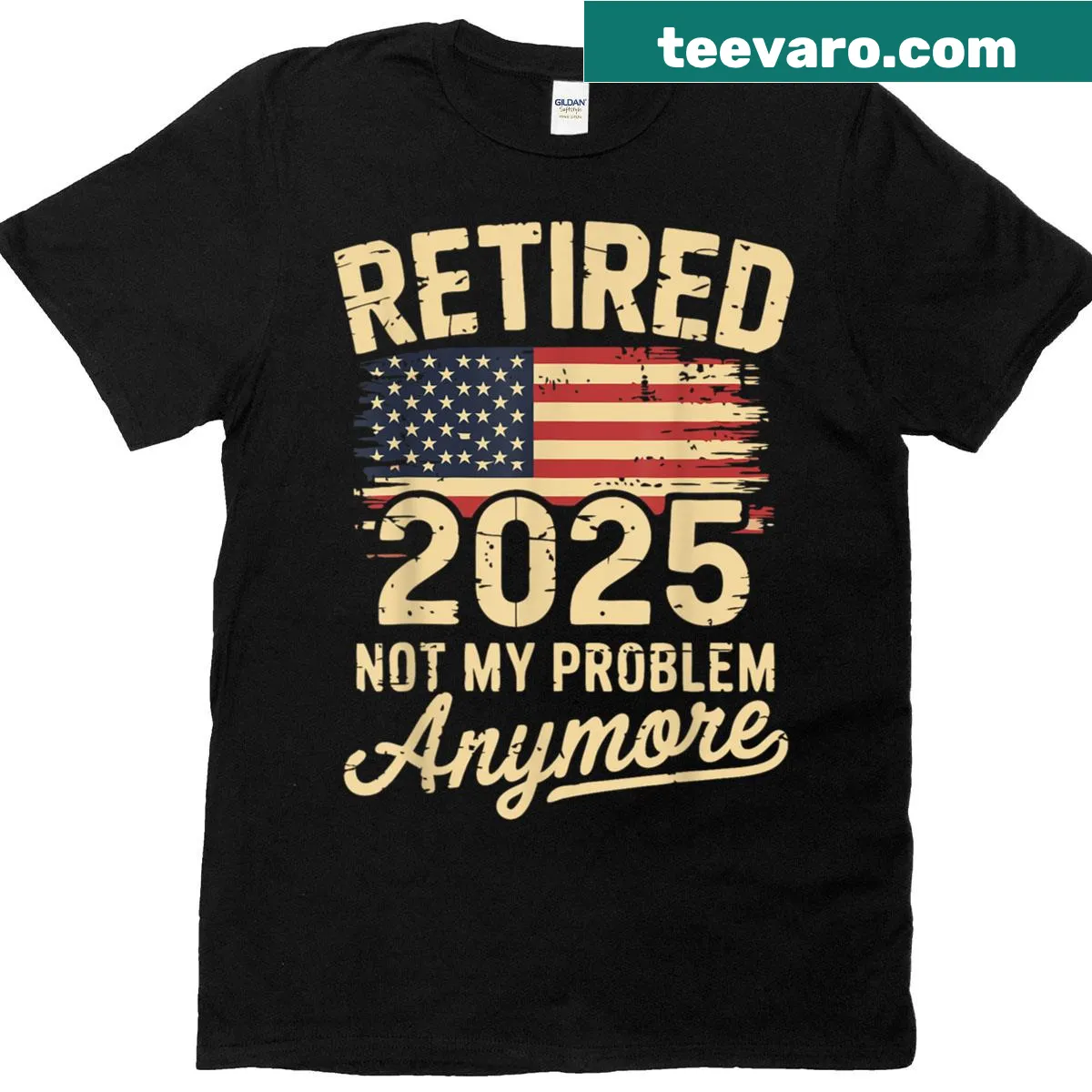 Retirement T-shirt featuring US flag and humorous text — on a men's t-shirt