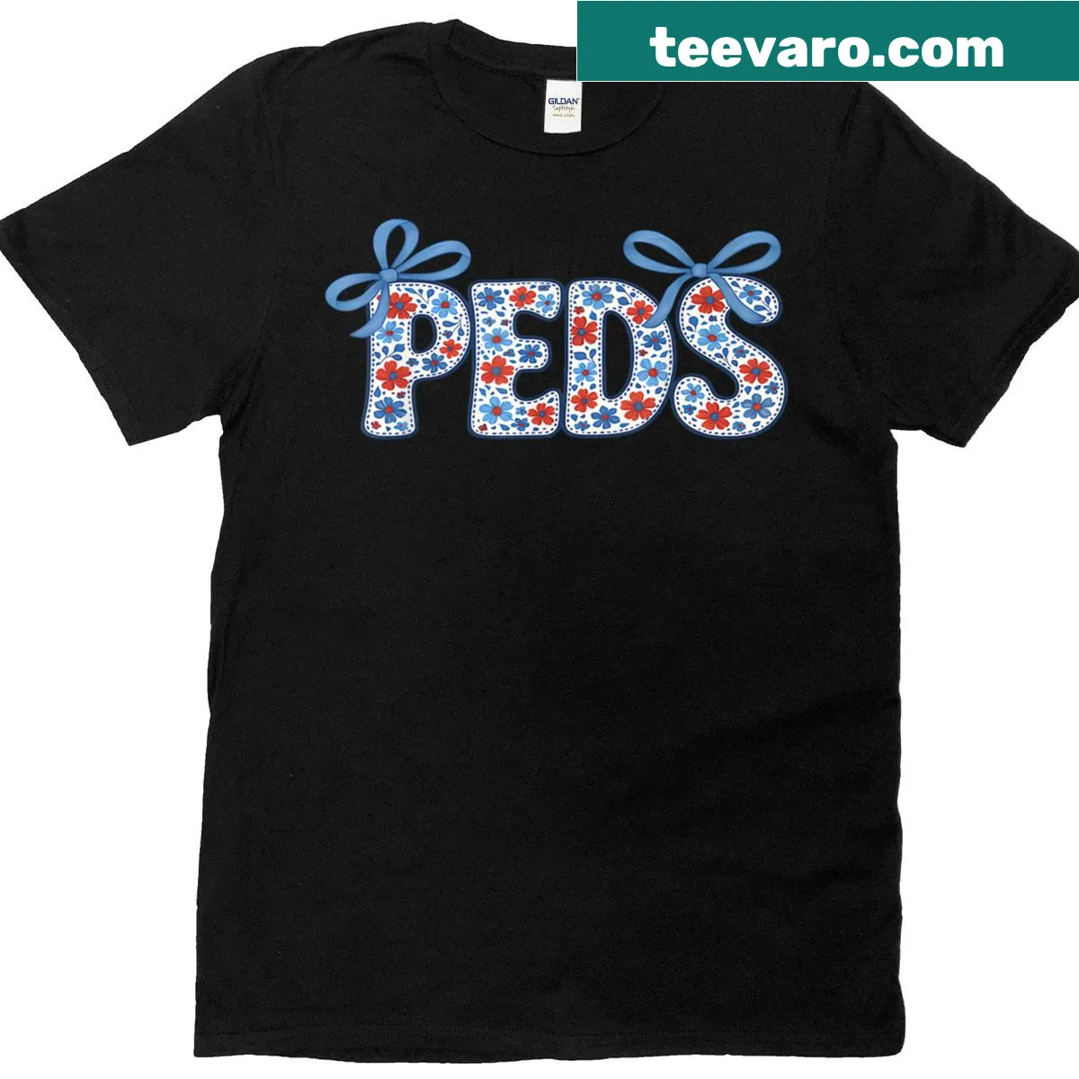Vintage distressed pediatric nurse T-shirt with floral and bow design — on a men's t-shirt