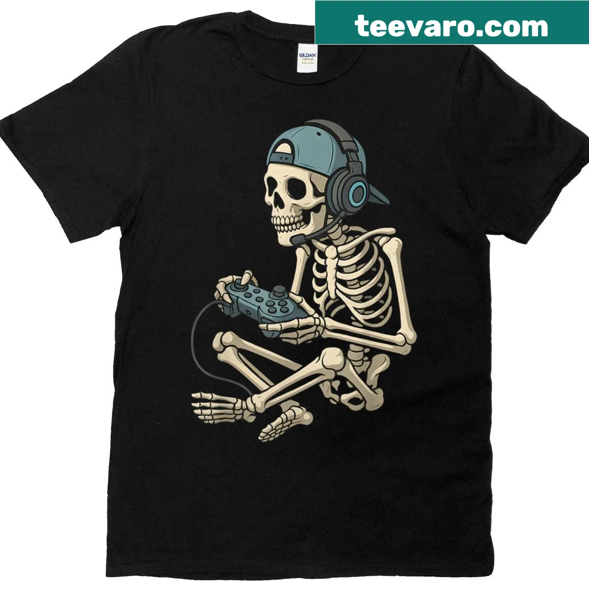 Illustrated skeleton gamer design on Halloween T-shirt — on a men's t-shirt