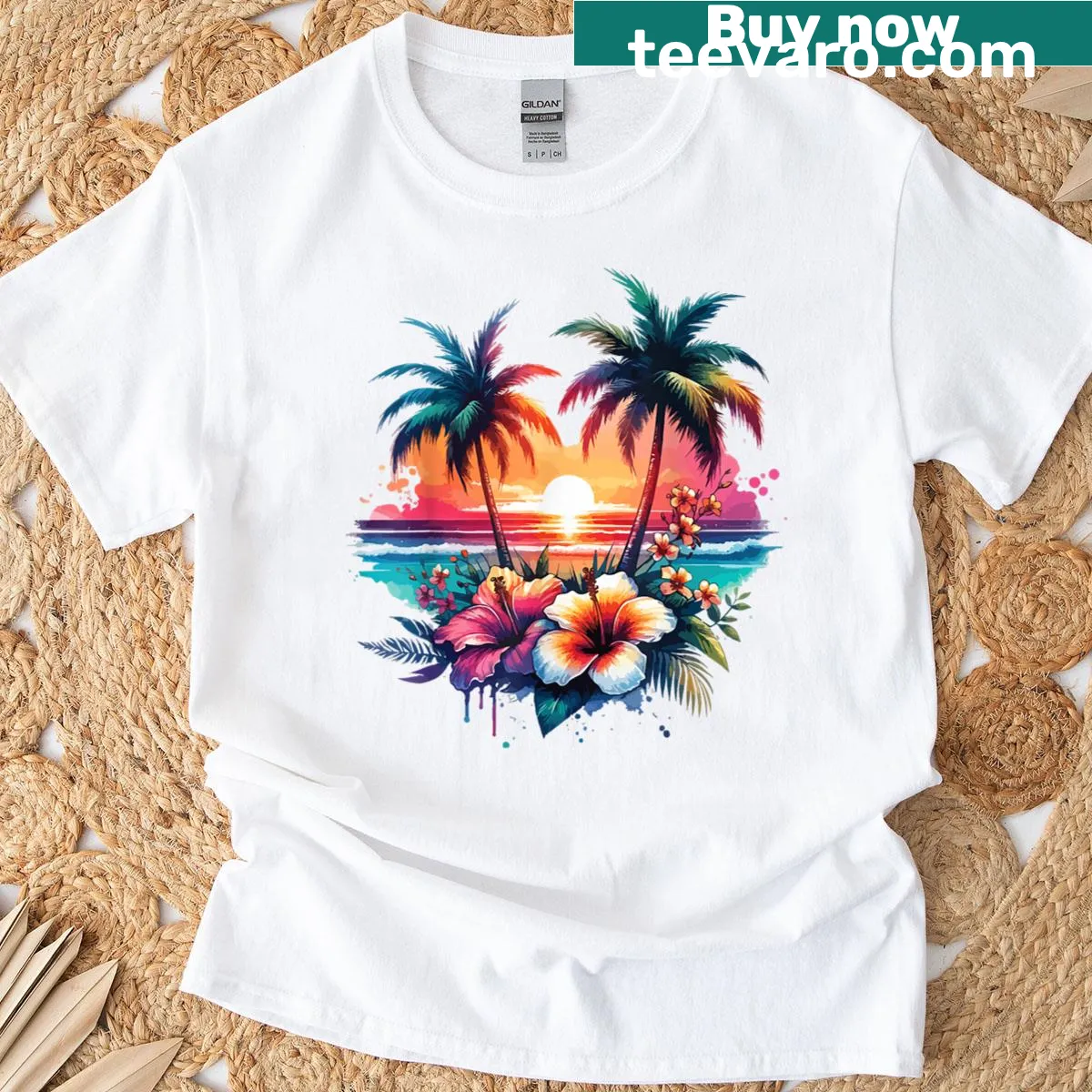 Tropical sunset design T-shirt with palm trees — on a men's t-shirt