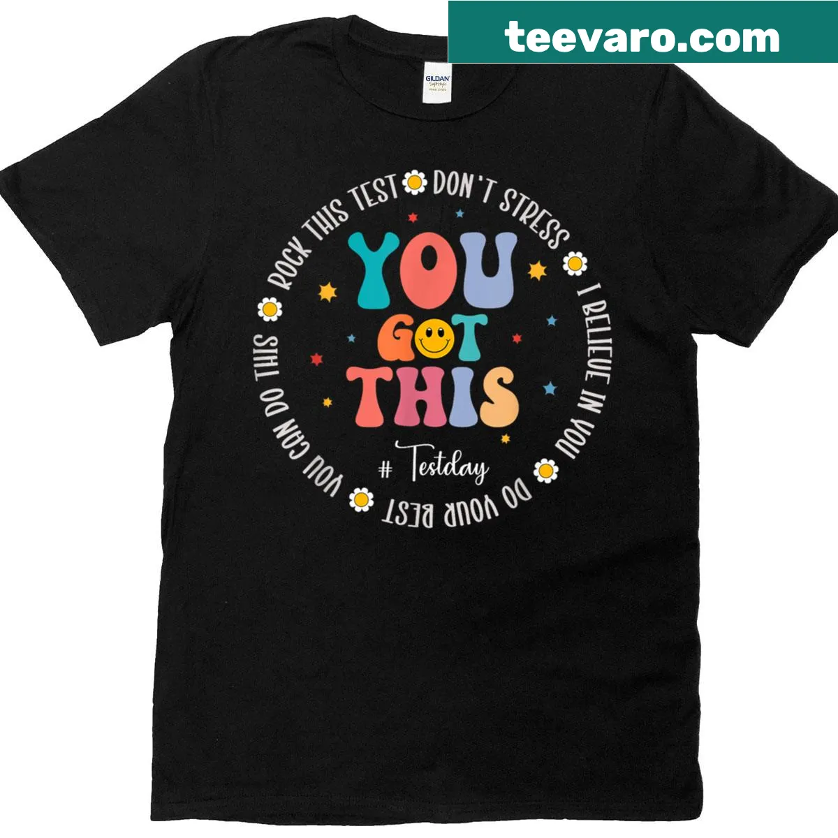 Inspirational teacher T-shirt with Rock The Test design — on a men's t-shirt