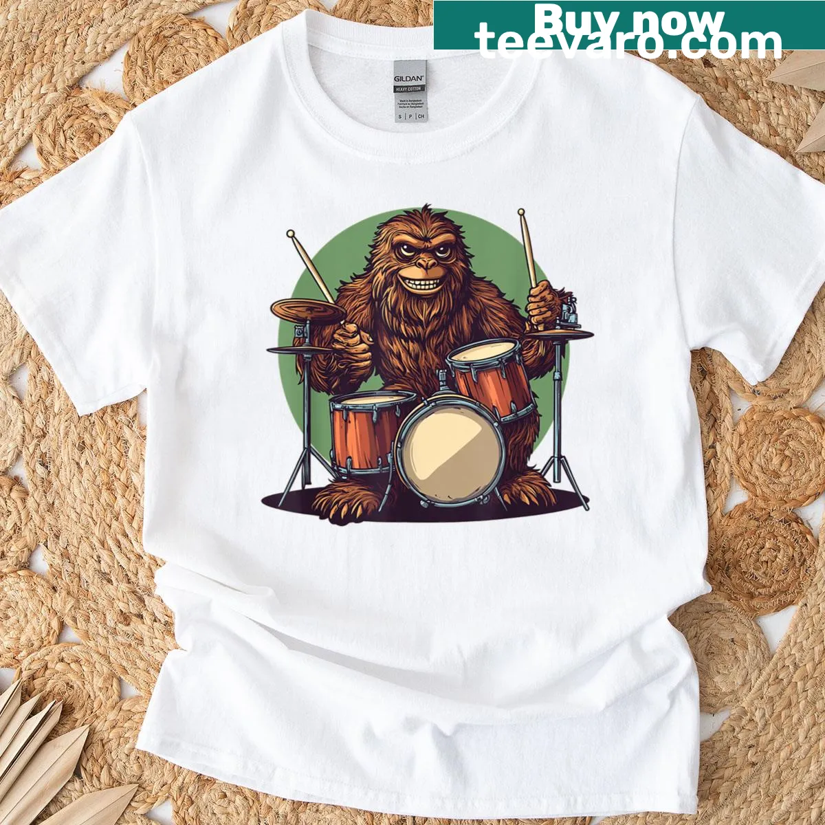 Bigfoot in a rock star costume on a humorous shirt — on a men's t-shirt