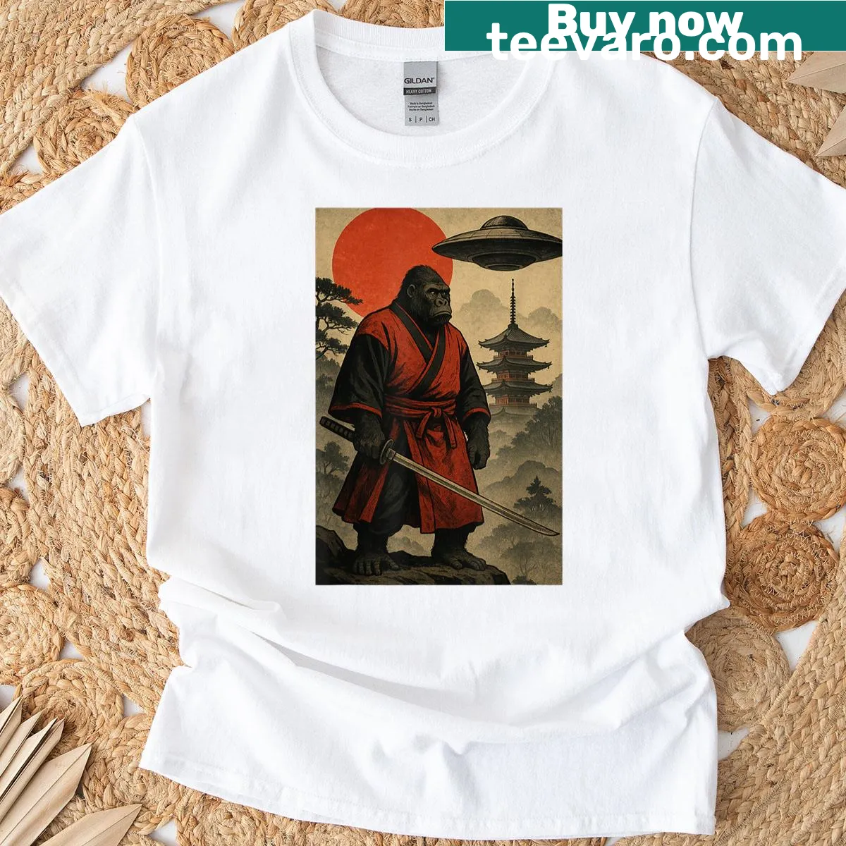 Vintage Ukiyo-e graphic T-shirt with samurai Bigfoot on a UFO — on a men's t-shirt