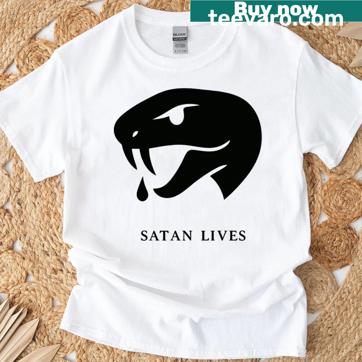 Active T-shirt with a snake graphic and 'Satan Lives' text design. — on a men's t-shirt