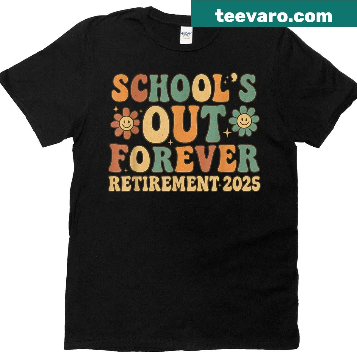 Groovy teacher retirement t-shirt with 'Schools Out Forever' text — on a men's t-shirt