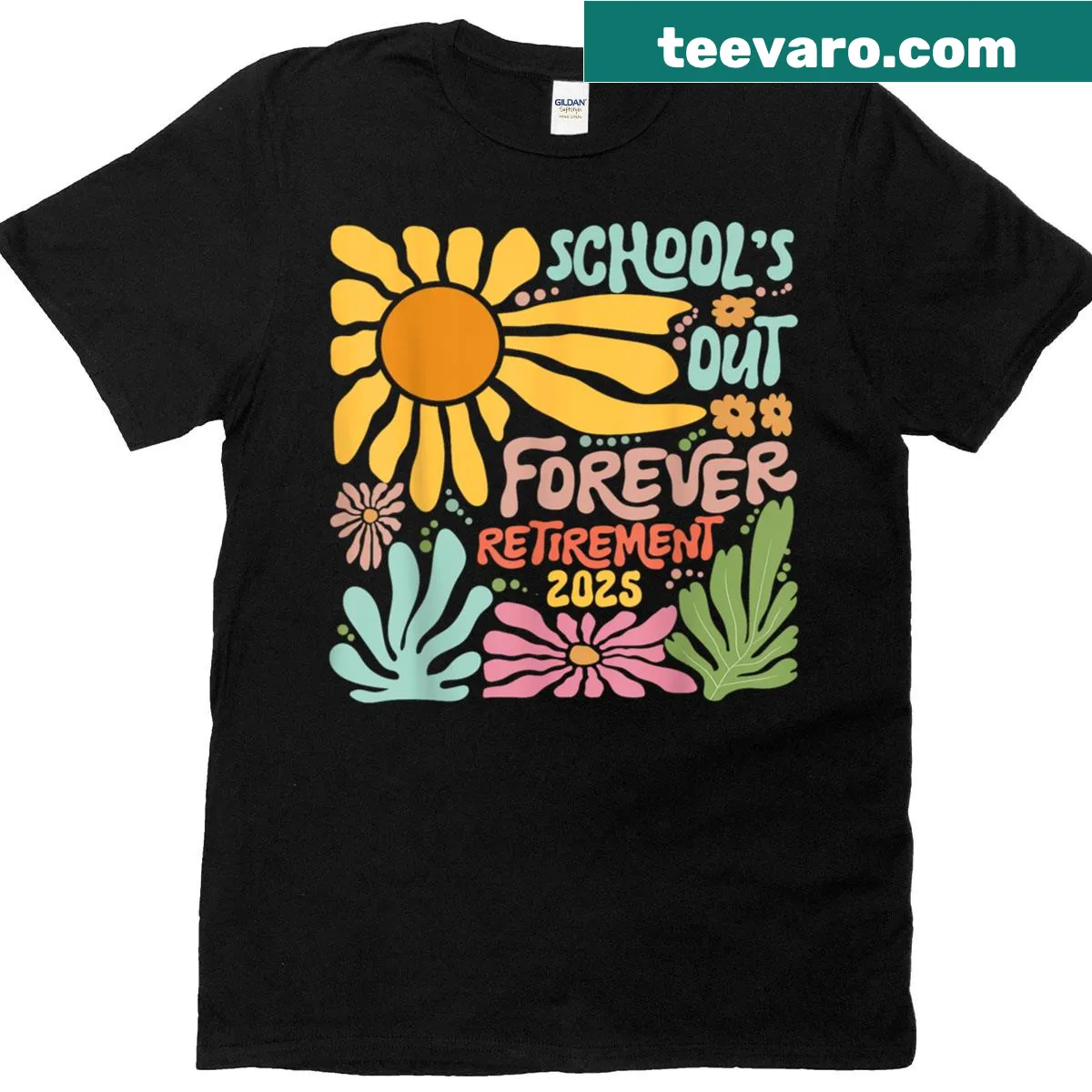 Summer retirement T-shirt for teachers with 'Schools Out Forever' graphic — on a men's t-shirt