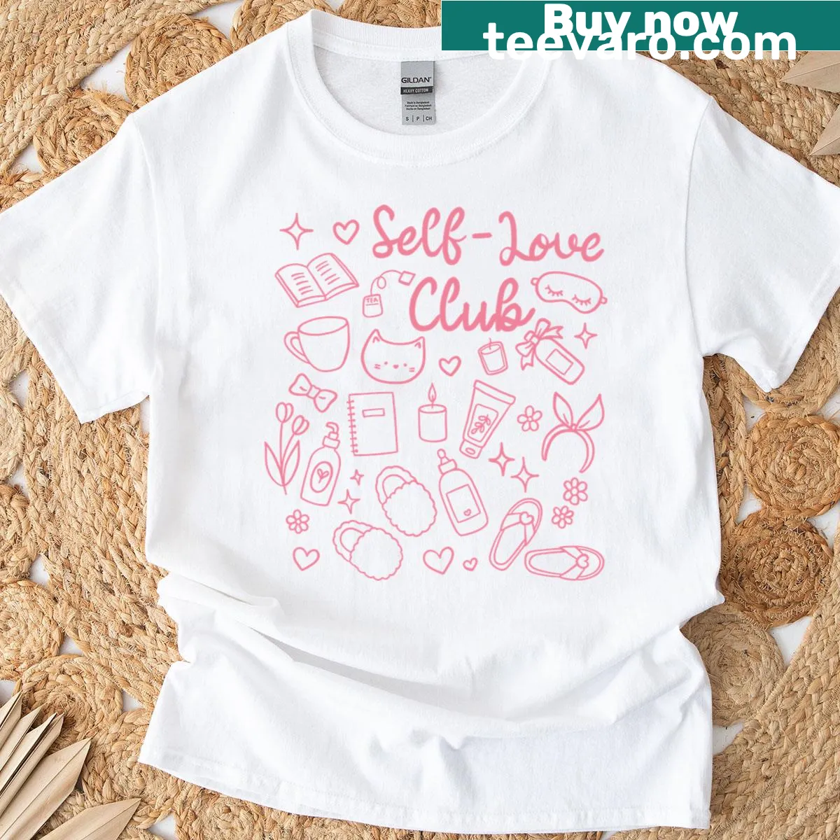 Doodle-themed T-shirt promoting self-love message — on a men's t-shirt