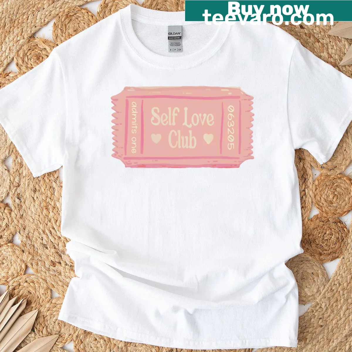Ticket-style design with 'Self-love Club' text and strawberry motif — on a men's t-shirt