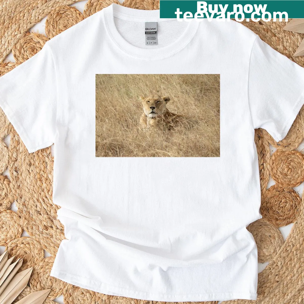 Illustrated lioness design on premium t-shirt featuring the Serengeti — on a men's t-shirt