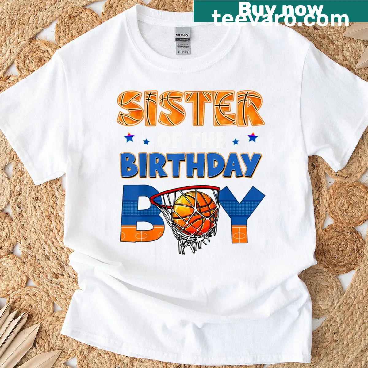 Illustrated graphic for 'Sister Of The Birthday Boy' with basketball theme — on a men's t-shirt
